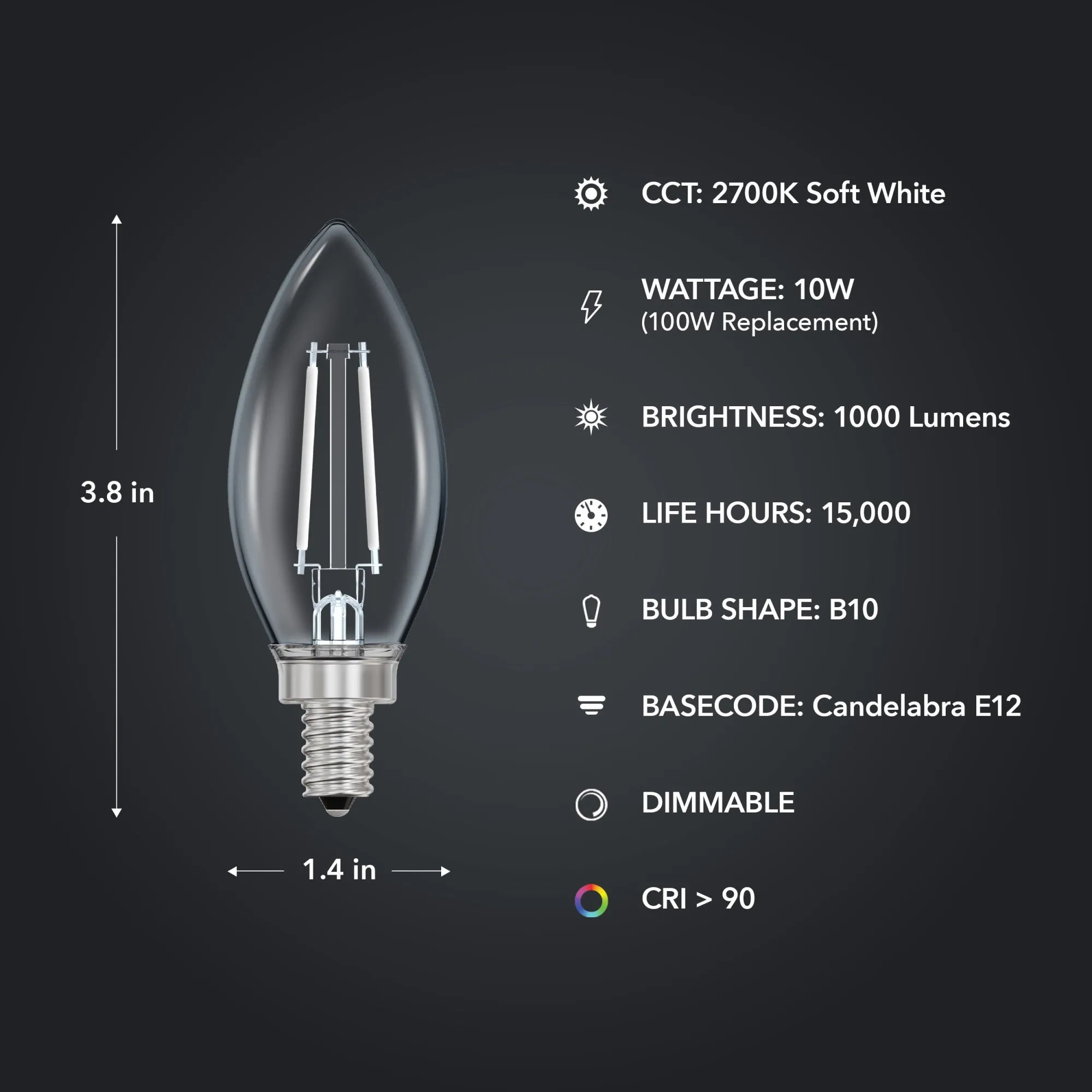 10W (100W Replacement) Soft White (2700K) B10 Shape (E12 Base) Torpedo White Filament Bulb (3-Pack)