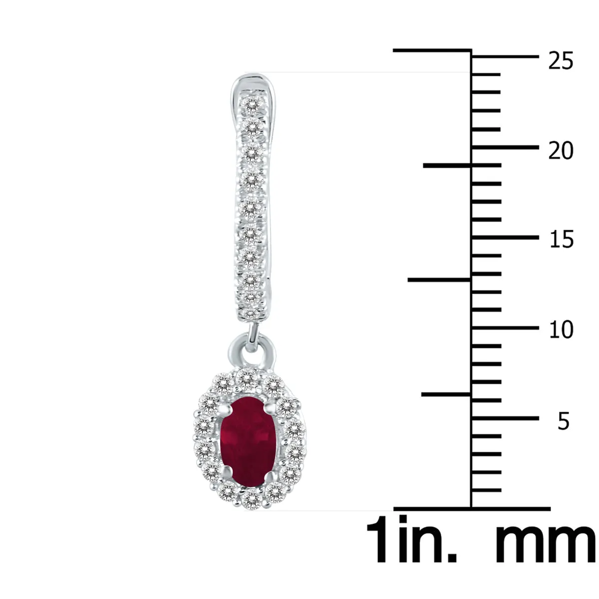 1/2 Carat Oval Ruby And Diamond Halo Dangle Earrings In 10K White Gold