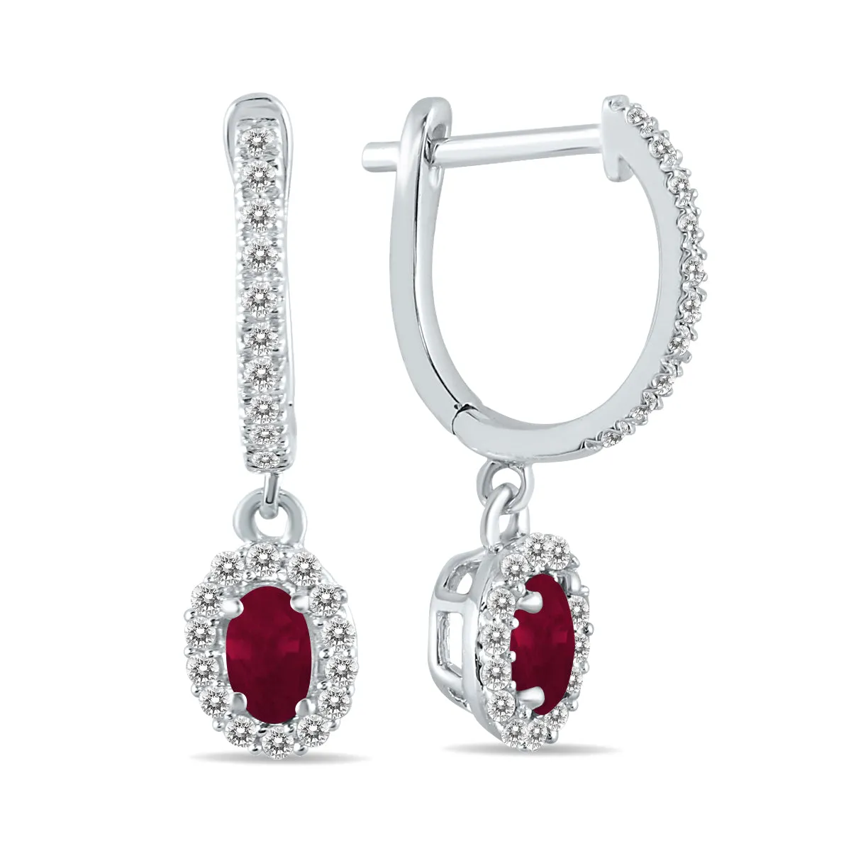 1/2 Carat Oval Ruby And Diamond Halo Dangle Earrings In 10K White Gold