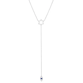 18K White Gold Diamond and Sapphire Star of David Evil Eye Pendant Necklace