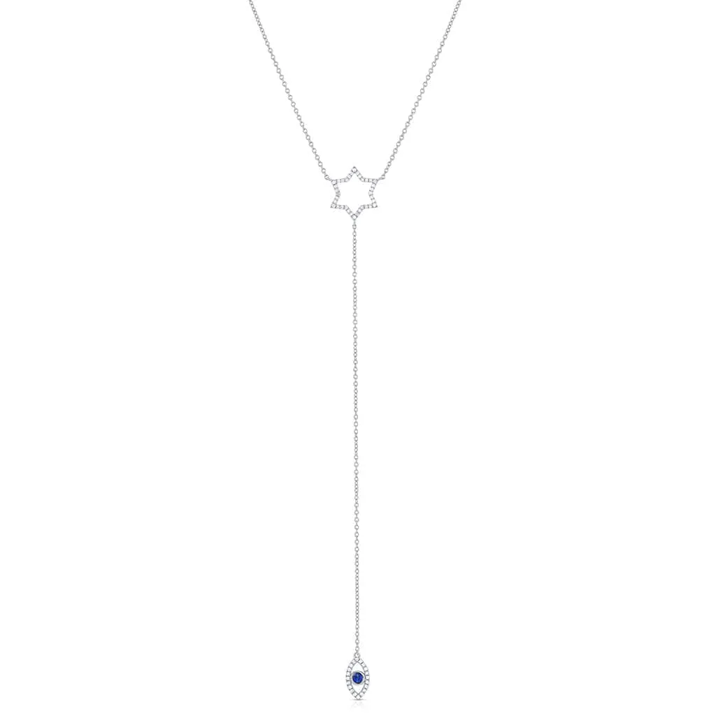 18K White Gold Diamond and Sapphire Star of David Evil Eye Pendant Necklace