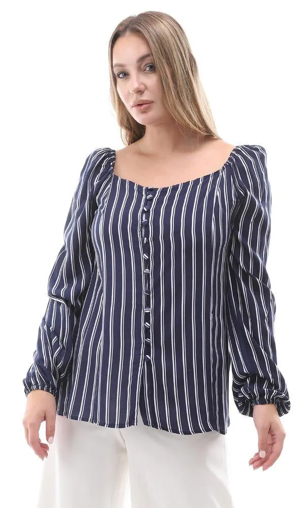 56742 Bi-Tone Striped Navy Blue & White Off-Shoulders Blouse