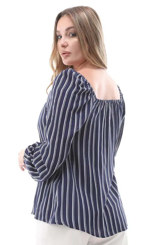 56742 Bi-Tone Striped Navy Blue & White Off-Shoulders Blouse