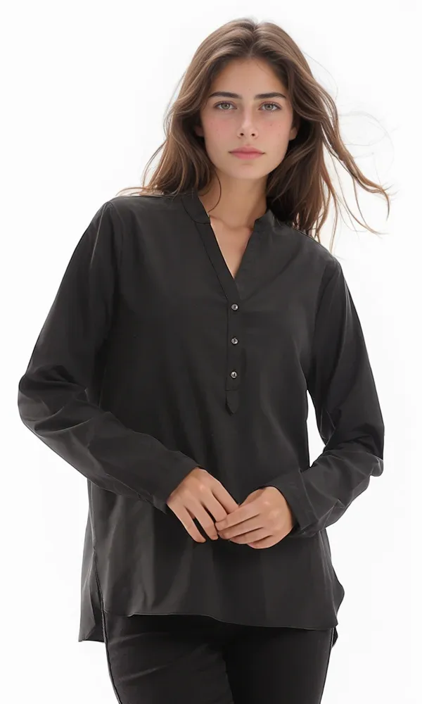 94812 Basic V-Neck Plain Black Buttoned Shirt