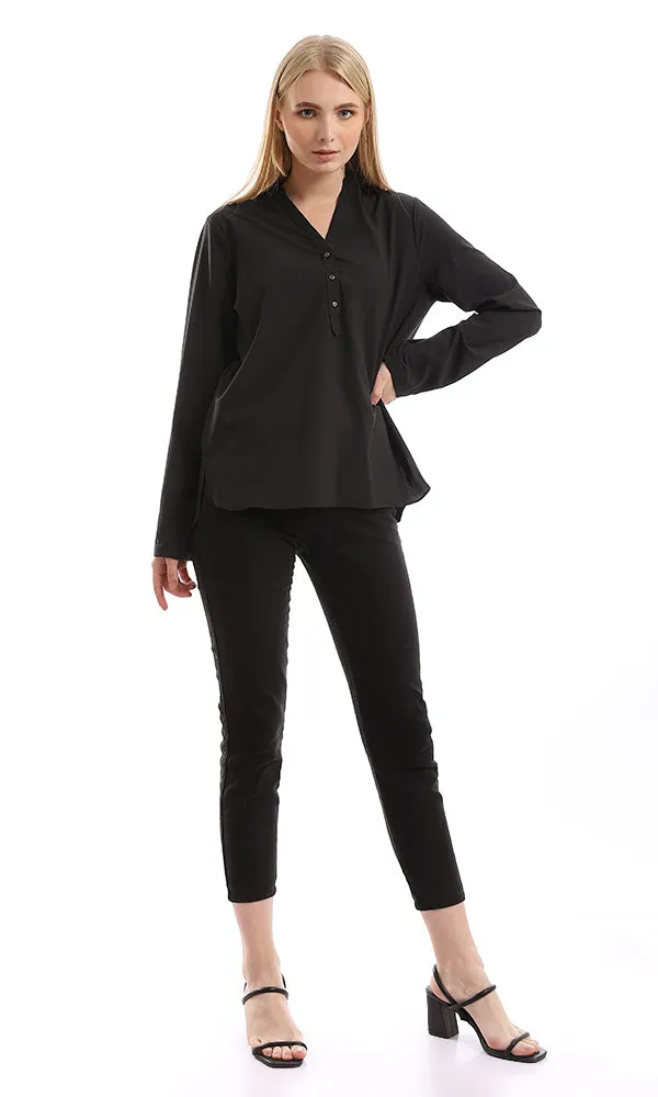 94812 Basic V-Neck Plain Black Buttoned Shirt