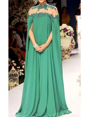 A-Line Evening Gown Elegant Dress Formal Wedding Guest Christmas Red Green Dress Floor Length Sleeveless High Neck Fall Wedding Guest Chiffon with Appliques Pure Color