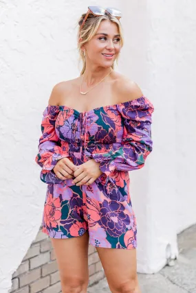 A New Look Purple Floral Printed Smocked Bust Long Sleeve Romper FINAL SALE