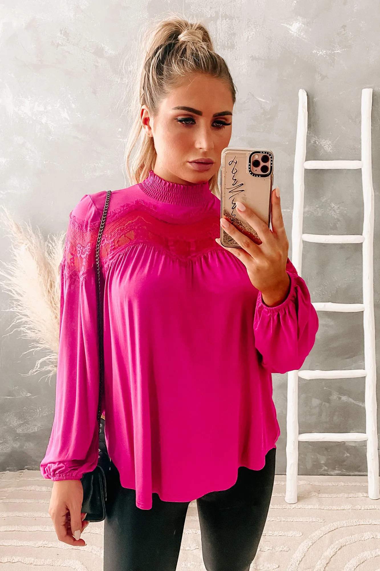 Above The Noise Mock Neck Lace Illusion Top (Magenta)