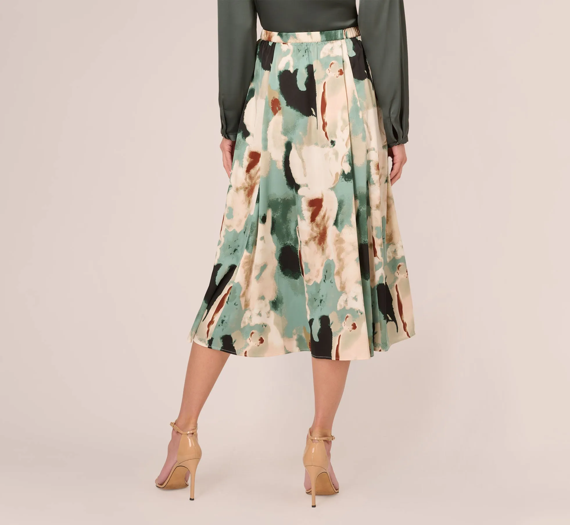 Abstract Print A Line Satin Midi Skirt In Dusty Seafoam Watercolor