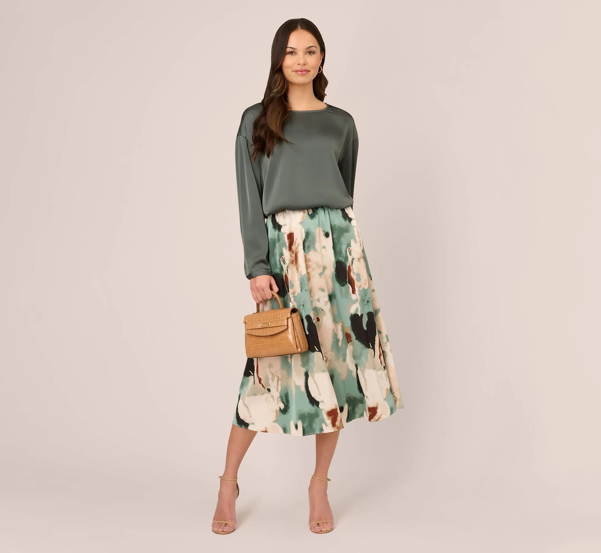 Abstract Print A Line Satin Midi Skirt In Dusty Seafoam Watercolor