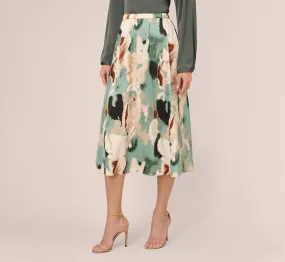 Abstract Print A Line Satin Midi Skirt In Dusty Seafoam Watercolor