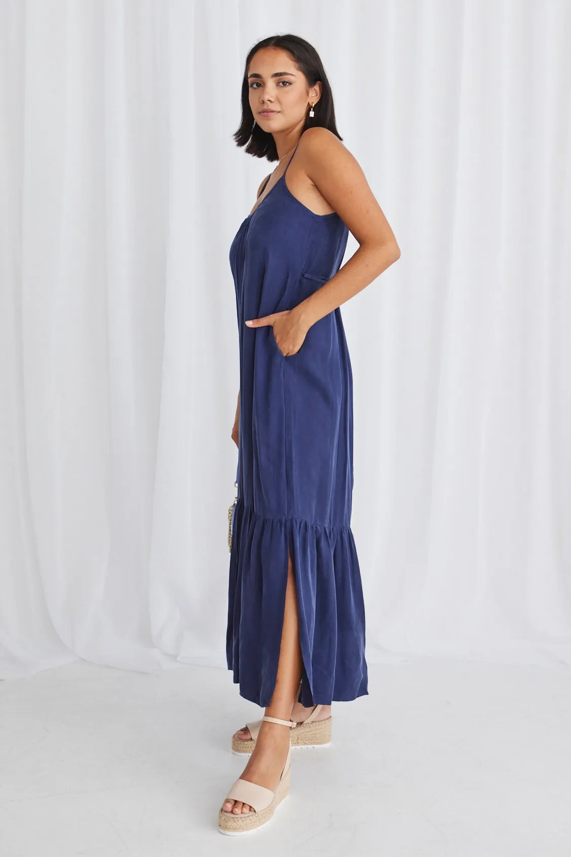 All Day Blue Cupro Strappy Tiered Empire Midi Dress