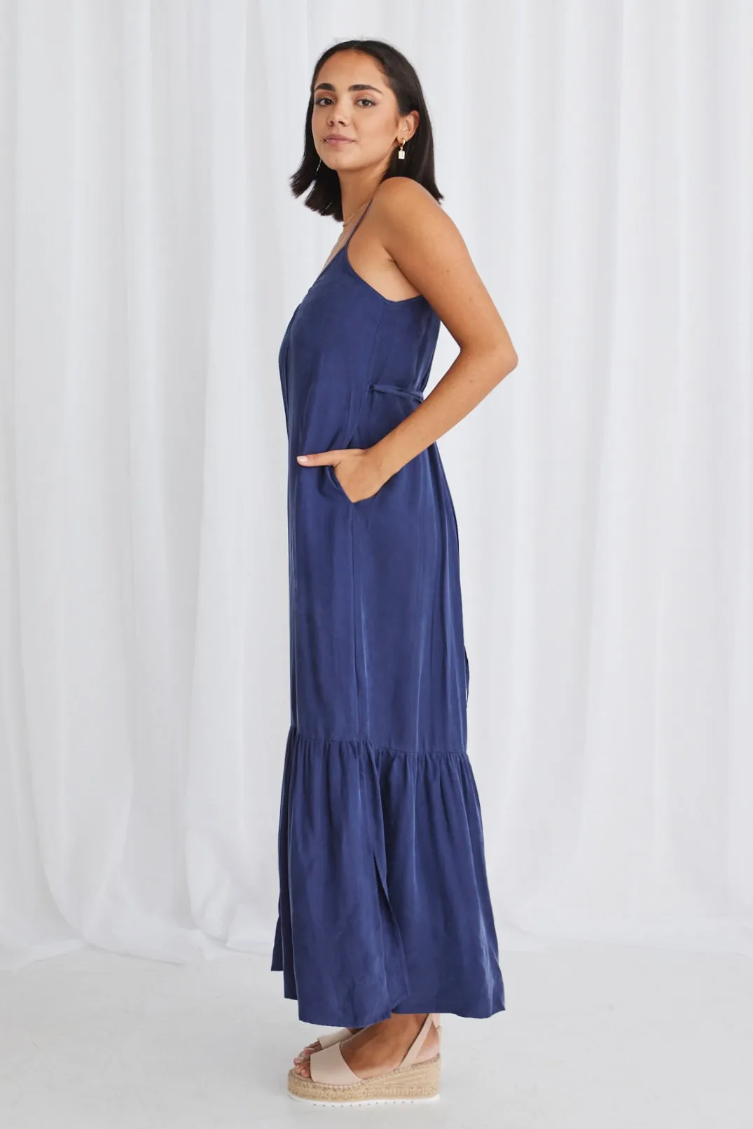 All Day Blue Cupro Strappy Tiered Empire Midi Dress