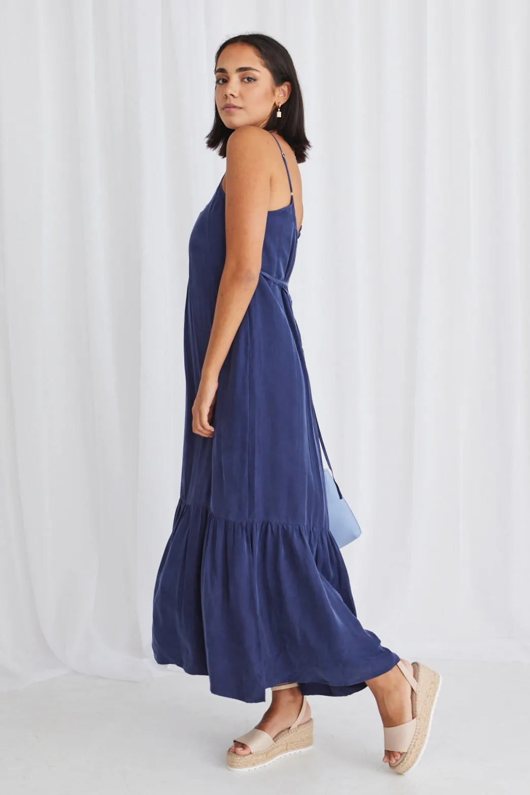 All Day Blue Cupro Strappy Tiered Empire Midi Dress