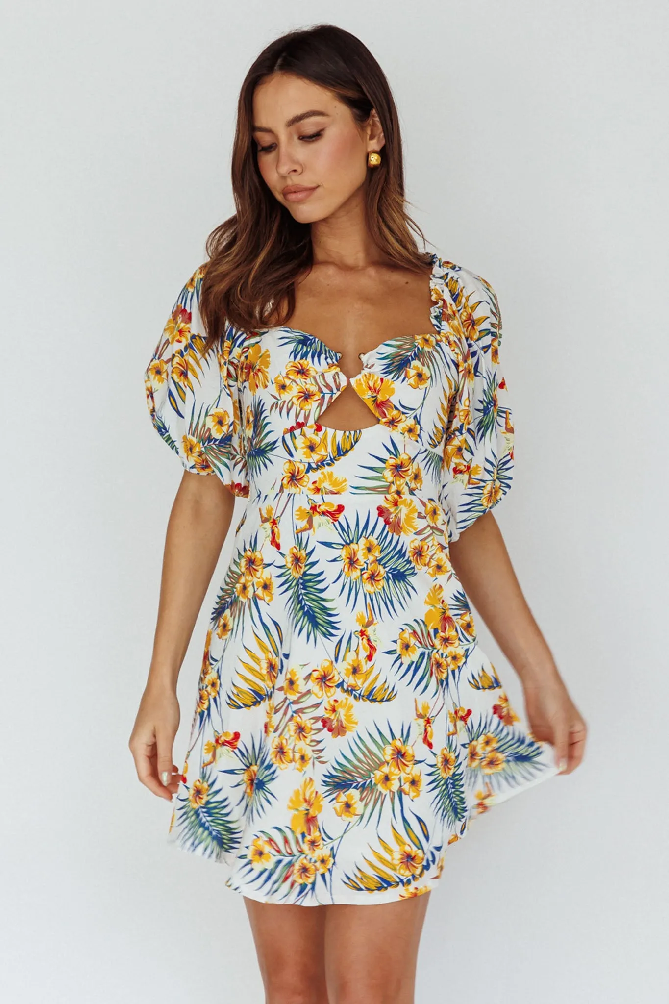 Alpha Cut-Out Bodice Mini Dress Floral White