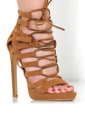 Angel Tan Suede Caged Platform Heels