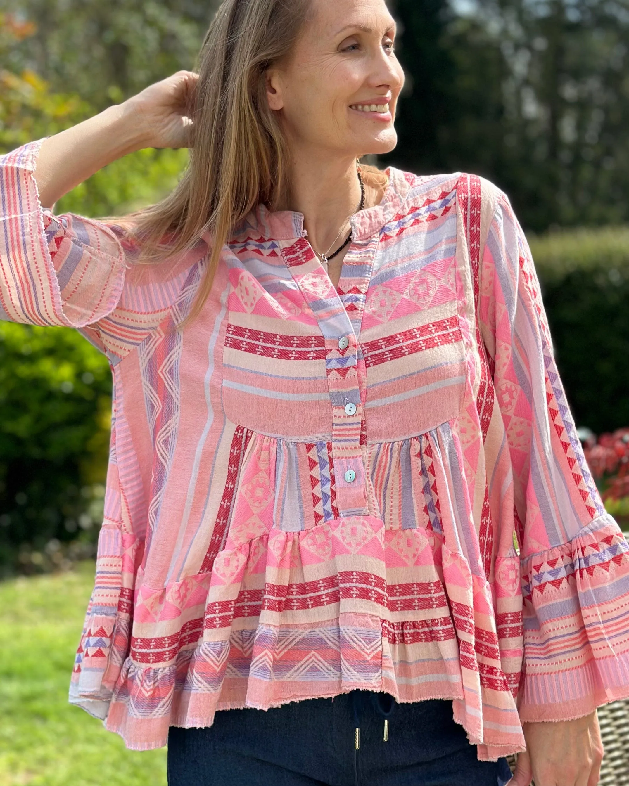 Aztec Print Tunic Top - Pinks, Grey And Cream