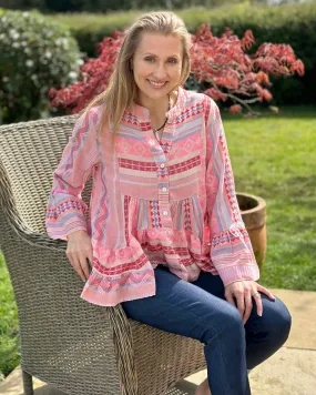 Aztec Print Tunic Top - Pinks, Grey And Cream