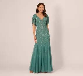 Beaded Mermaid Gown With Sheer Petal Sleeves In Green Slate