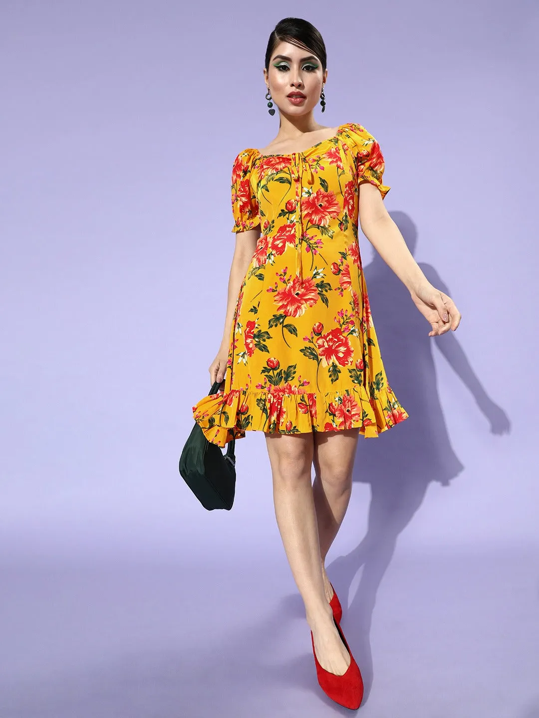 Berrylush Women Bright Yellow Floral Printed Sweetheart-Neck A-Line Mini Dress