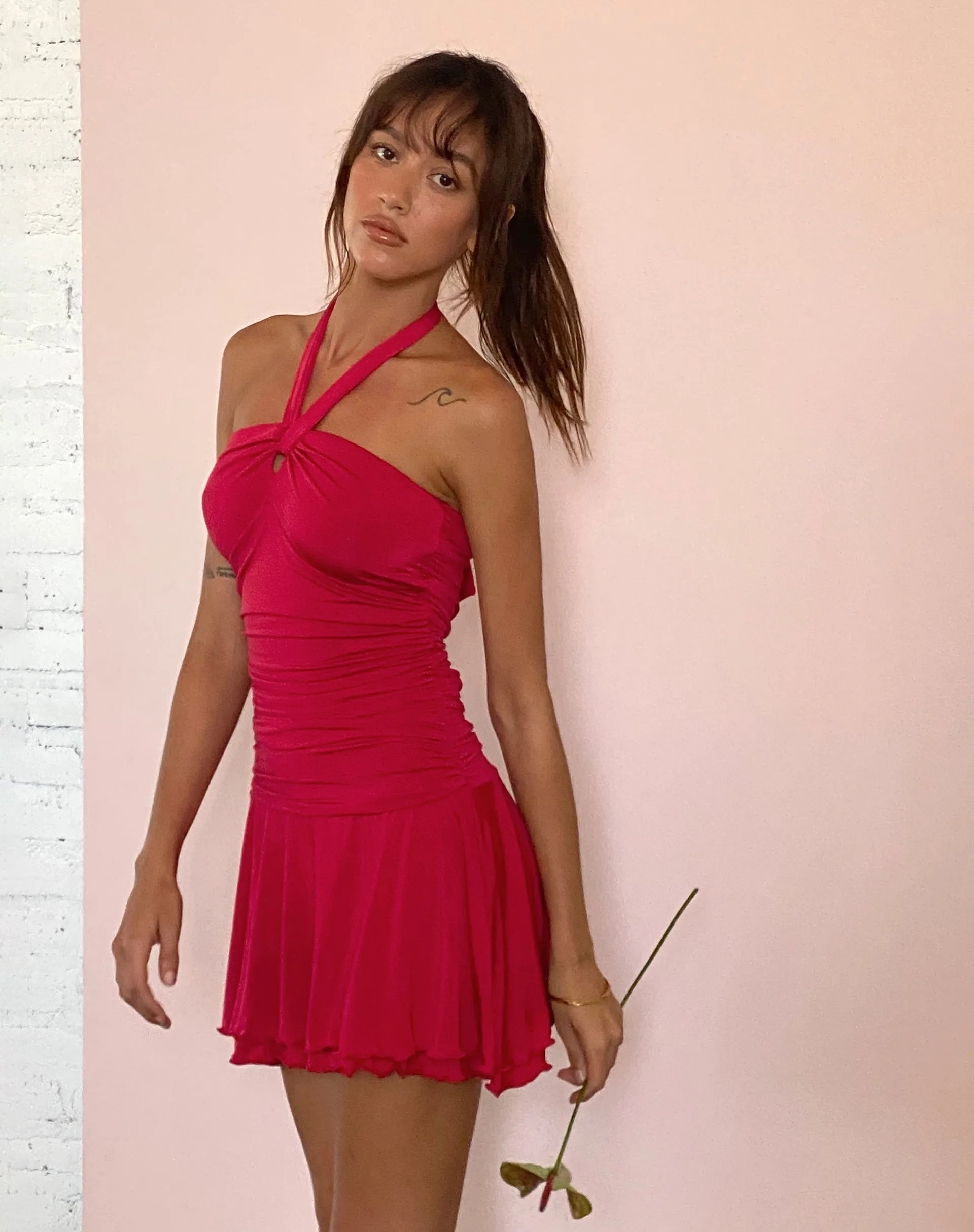 Bibi Bandeau Halterneck Mini Dress in Red