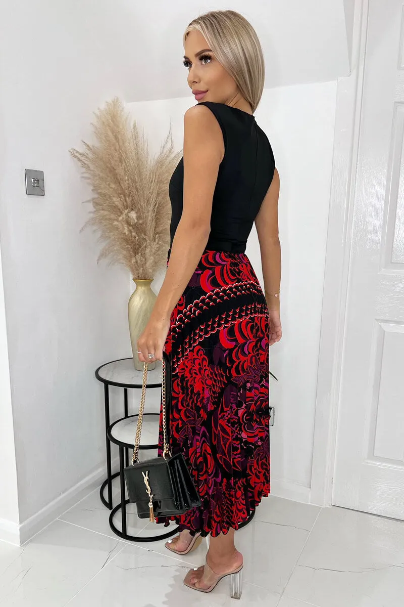 Black And Red Printed 2 in 1 Pleated Skirt Midi Dress