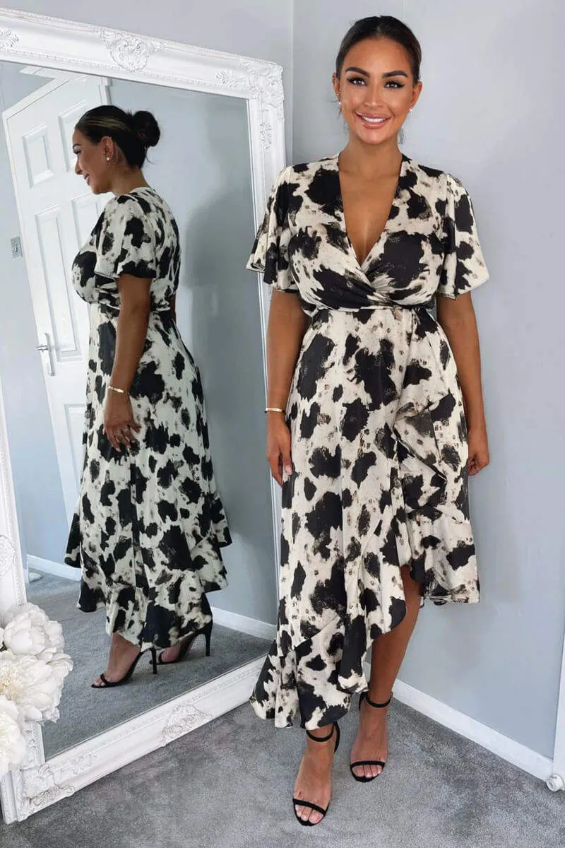 Black And Stone Abstract Print Wrap Midi Dress