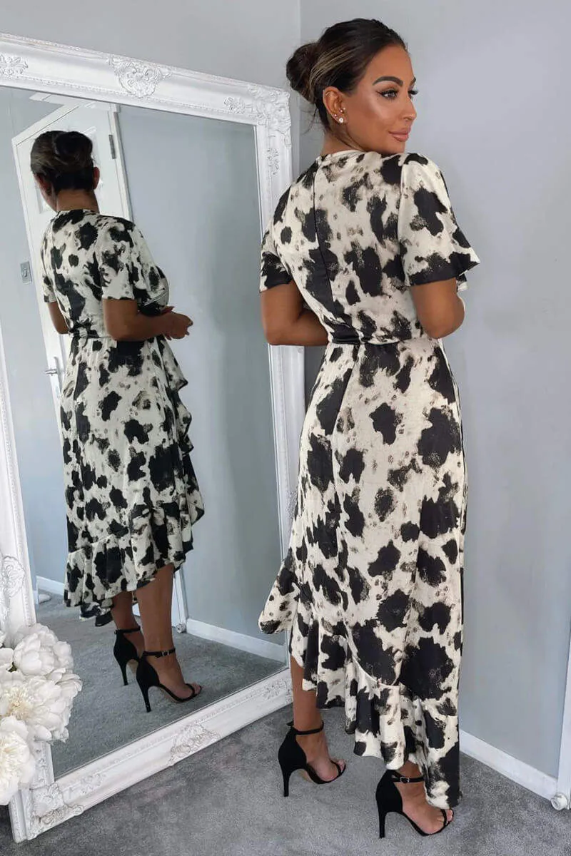 Black And Stone Abstract Print Wrap Midi Dress