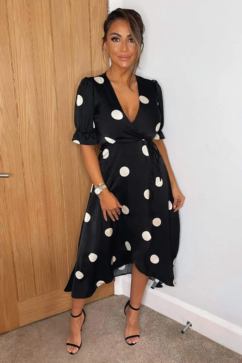 Black And Stone Polka Dot Wrap Side Tie Midi Dress