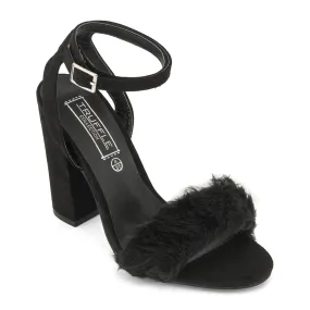 Black Block Heel Fur Sandals