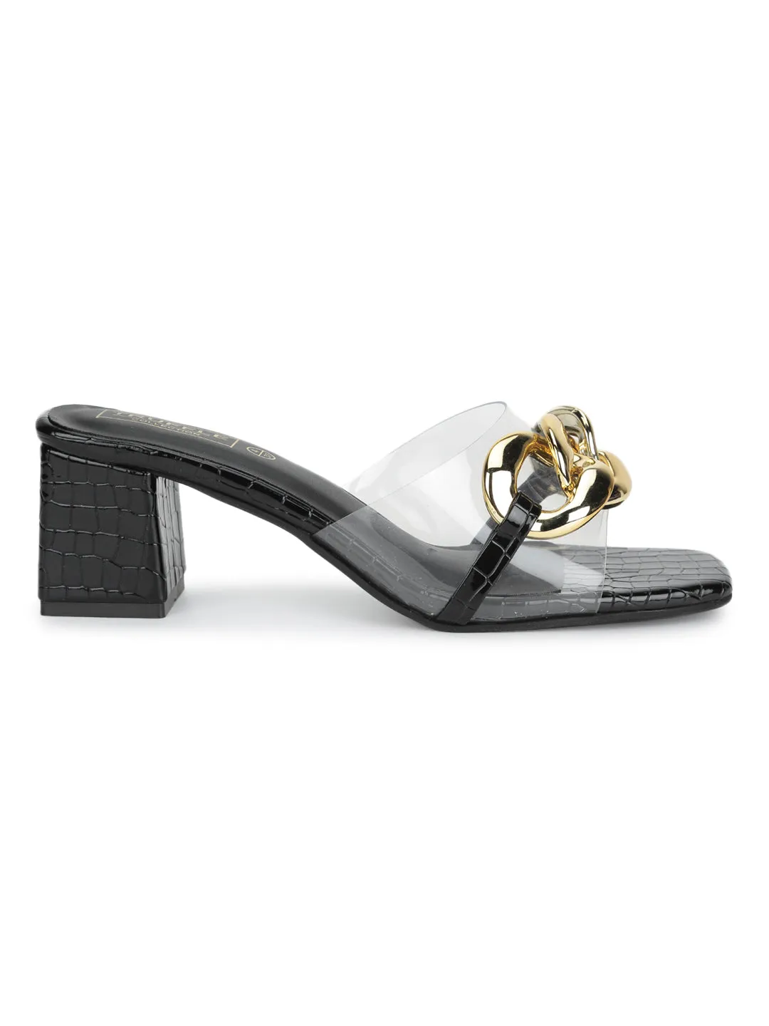 Black Croc PU Chained Perspex Clear Block Mules (TC-SLC-N1122-BLK)