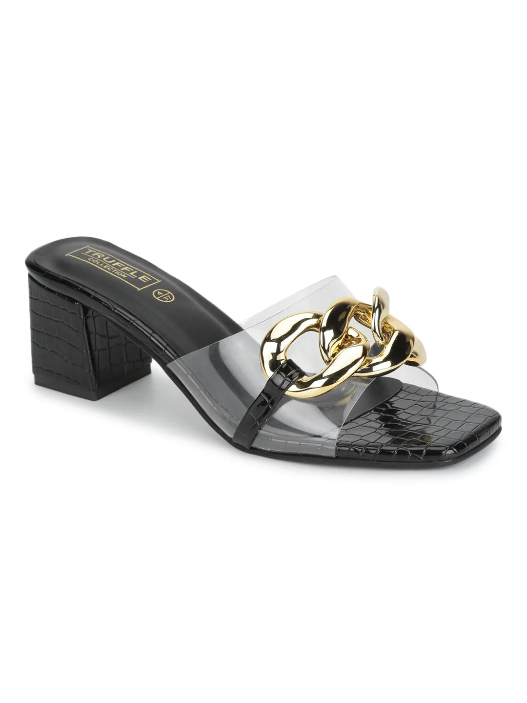 Black Croc PU Chained Perspex Clear Block Mules (TC-SLC-N1122-BLK)