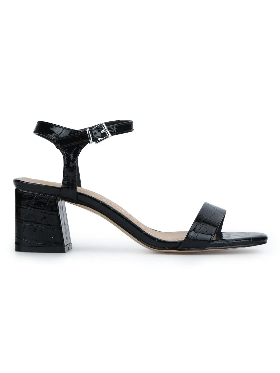 Black Croc Thin Ankle Strap Low Block Heels