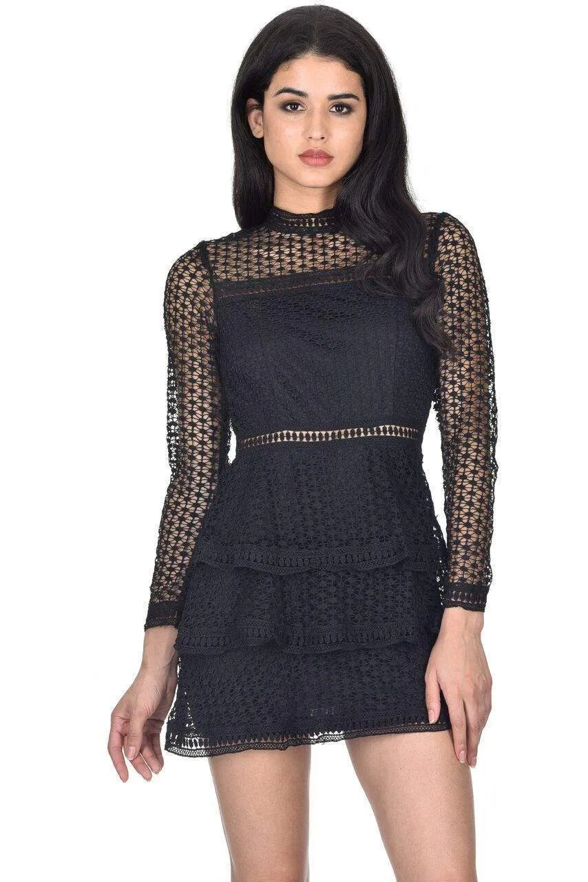 Black Crochet Long Sleeved Dress