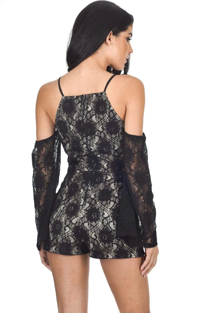 Black Cut Out Shoulder Lace Contrast Playsuit