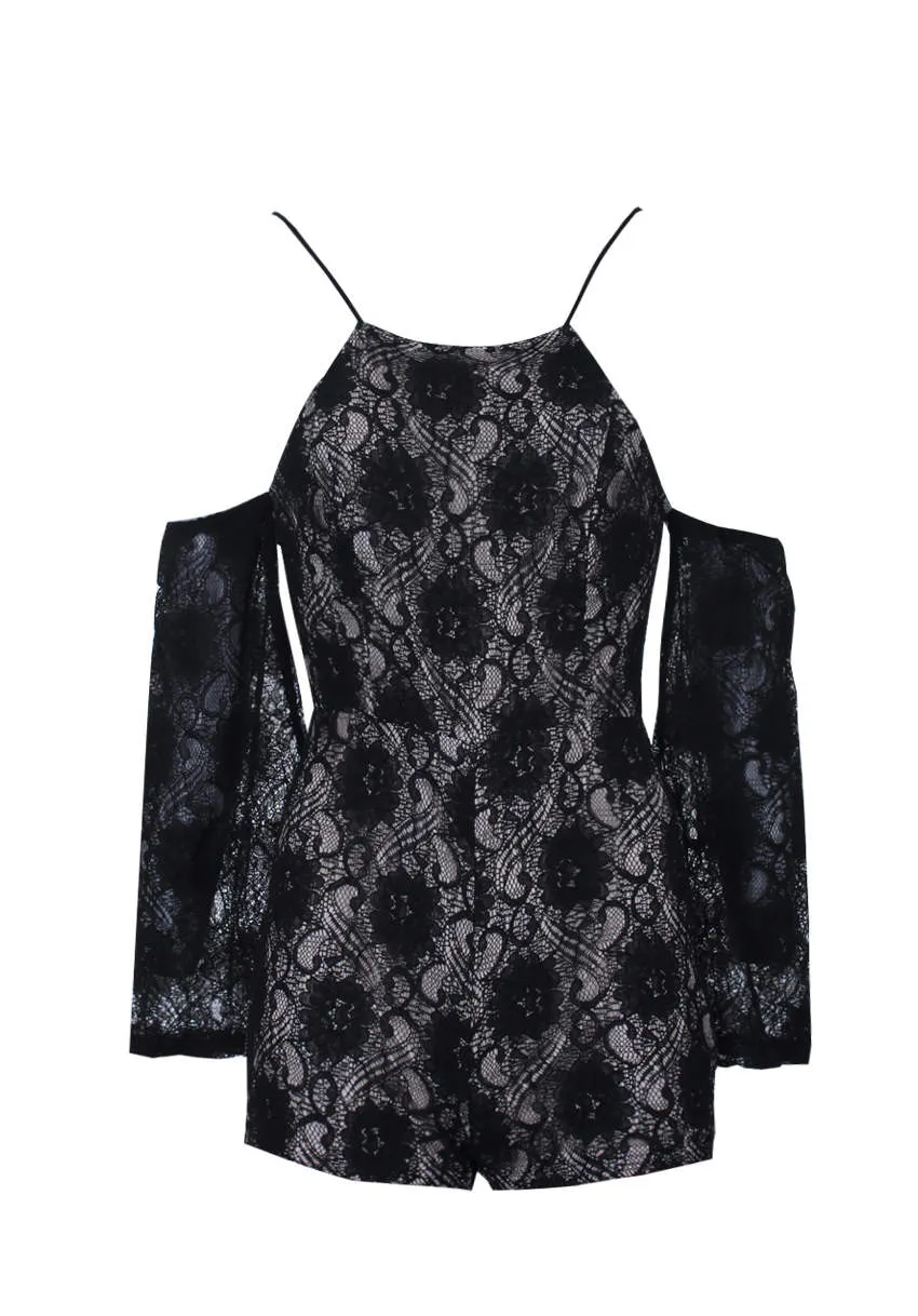 Black Cut Out Shoulder Lace Contrast Playsuit