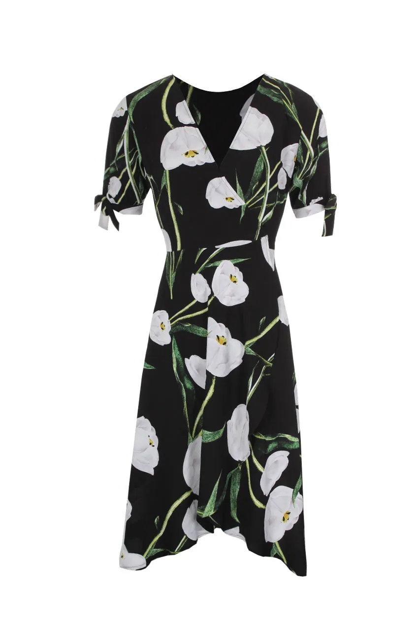 Black Floral Print Wrap Dress