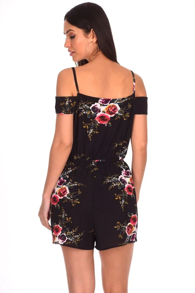 Black Floral Printed Cold Shoulder Playsuit