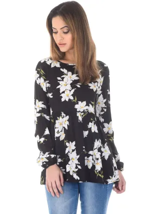 Black Floral Printed Frill Top with Frill Bottom