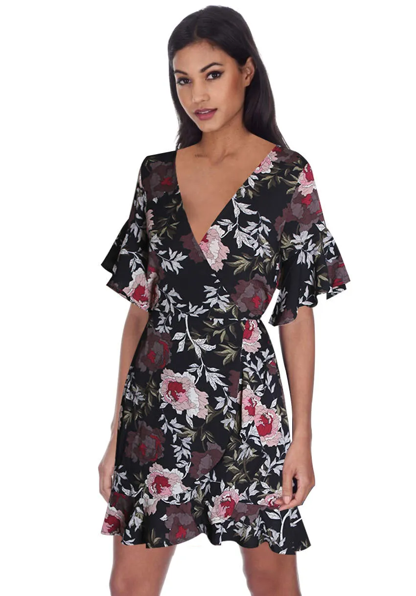 Black Floral Wrap Front Frill Detail Dress