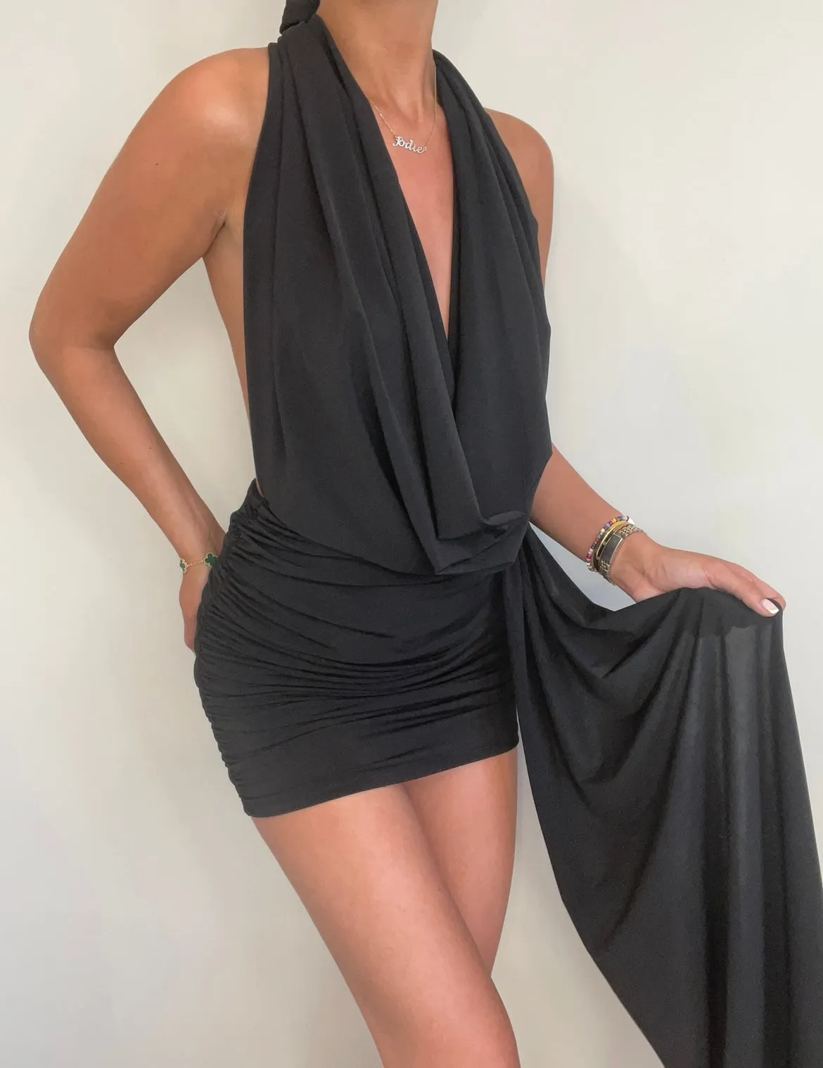 Black Halterneck Drape Detail Dress