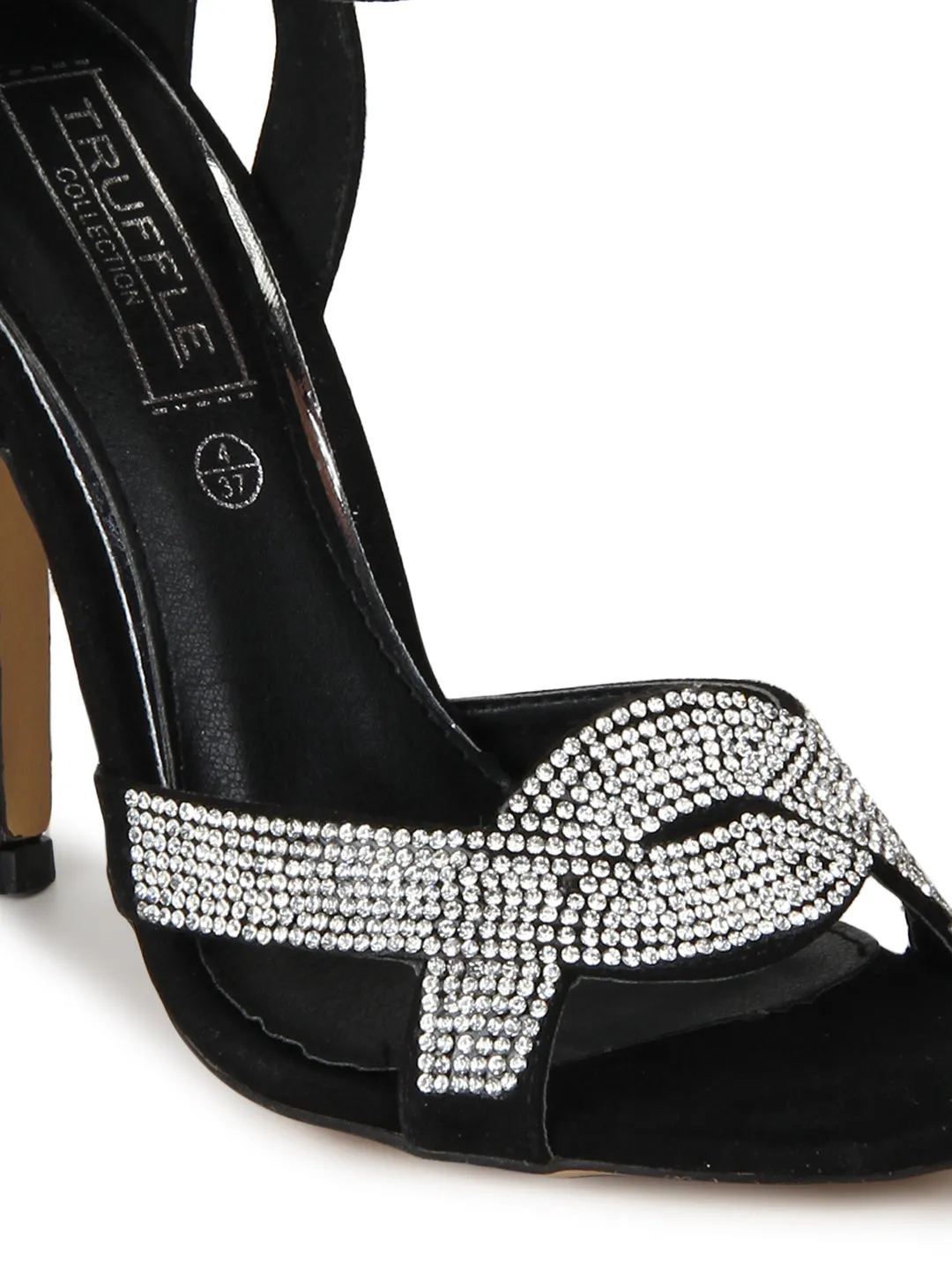 Black Micro Diamante Crossover Ankle Strap Low Stiletto Heels