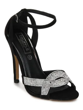 Black Micro Diamante Crossover Ankle Strap Low Stiletto Heels