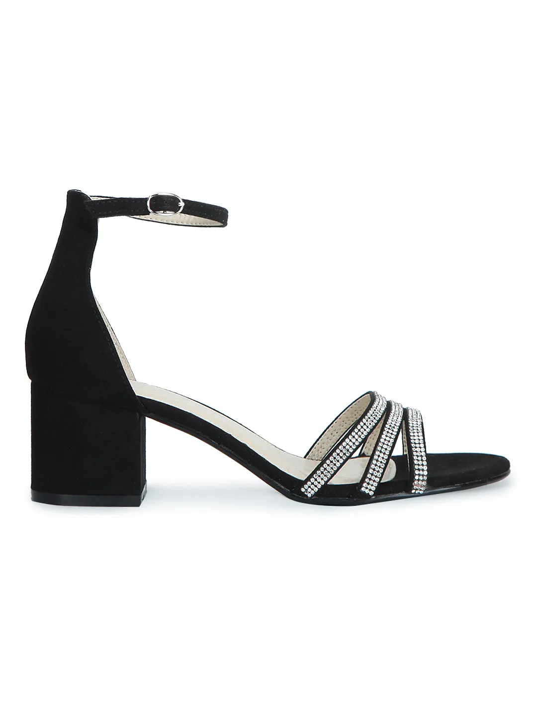 Black Micro Multiple Strap Diamante Low Block Heels