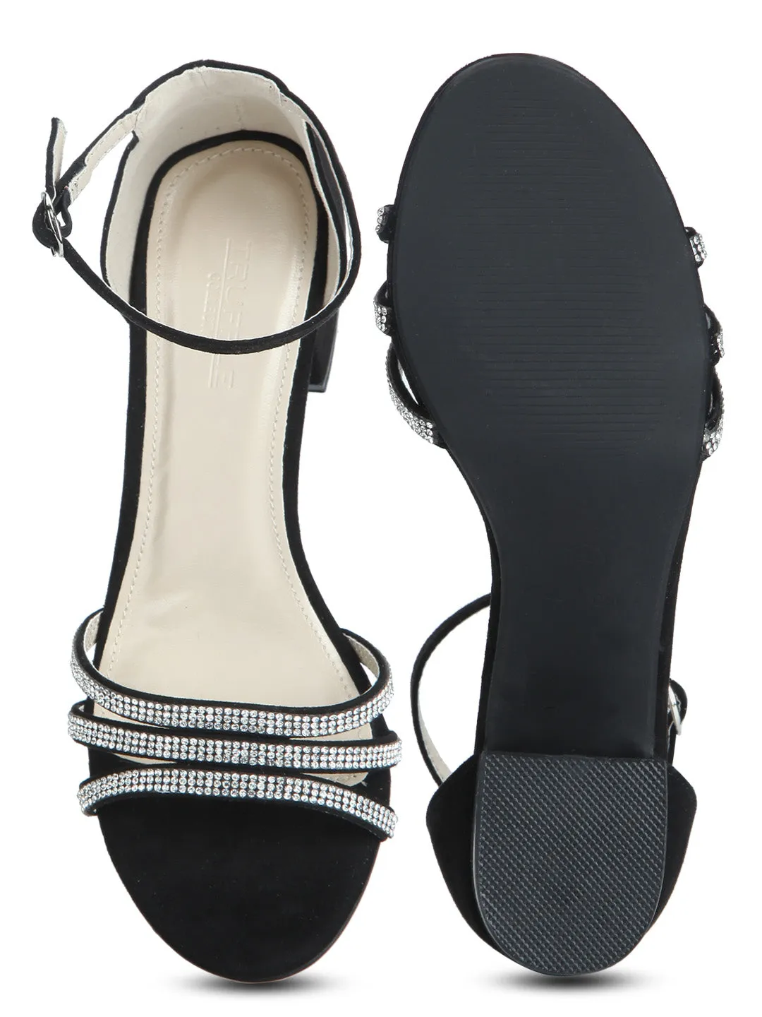 Black Micro Multiple Strap Diamante Low Block Heels