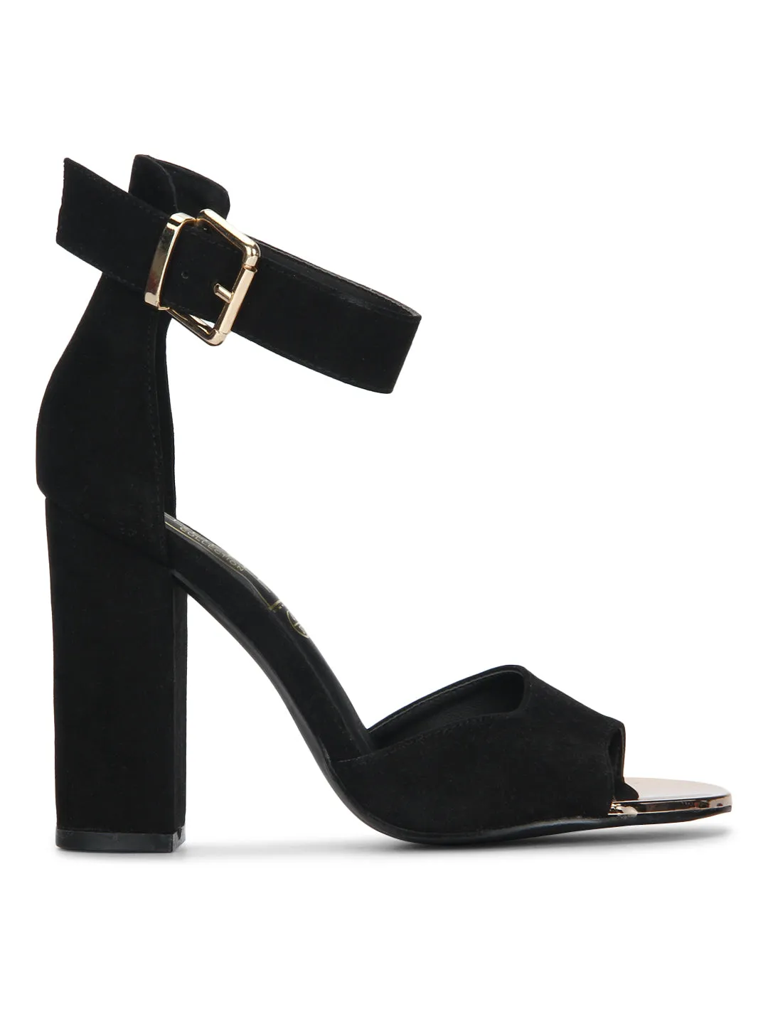 Black Microfibre Ankle Strap Block Heels