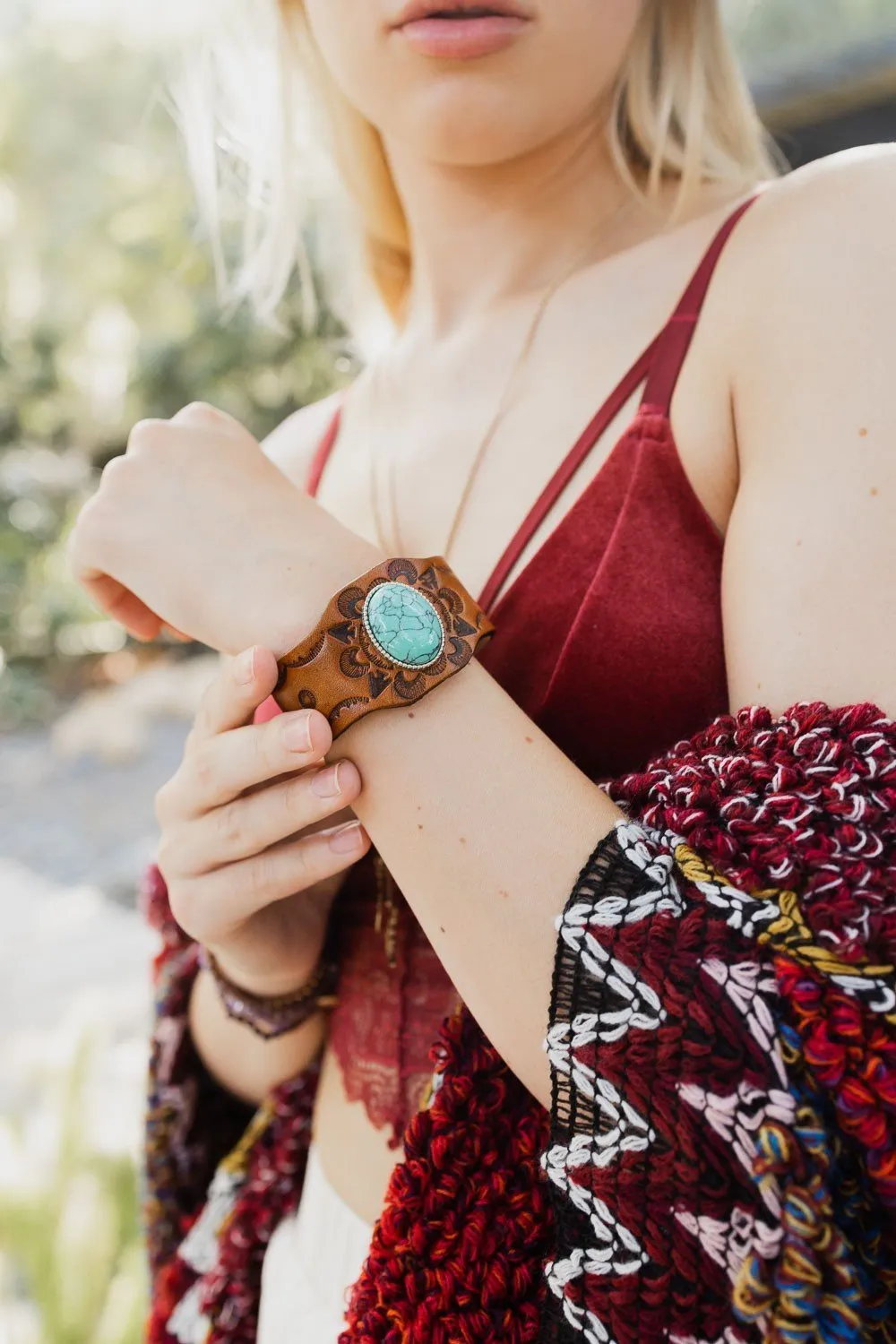 Boho Leather & Turquoise Cuff Bracelet