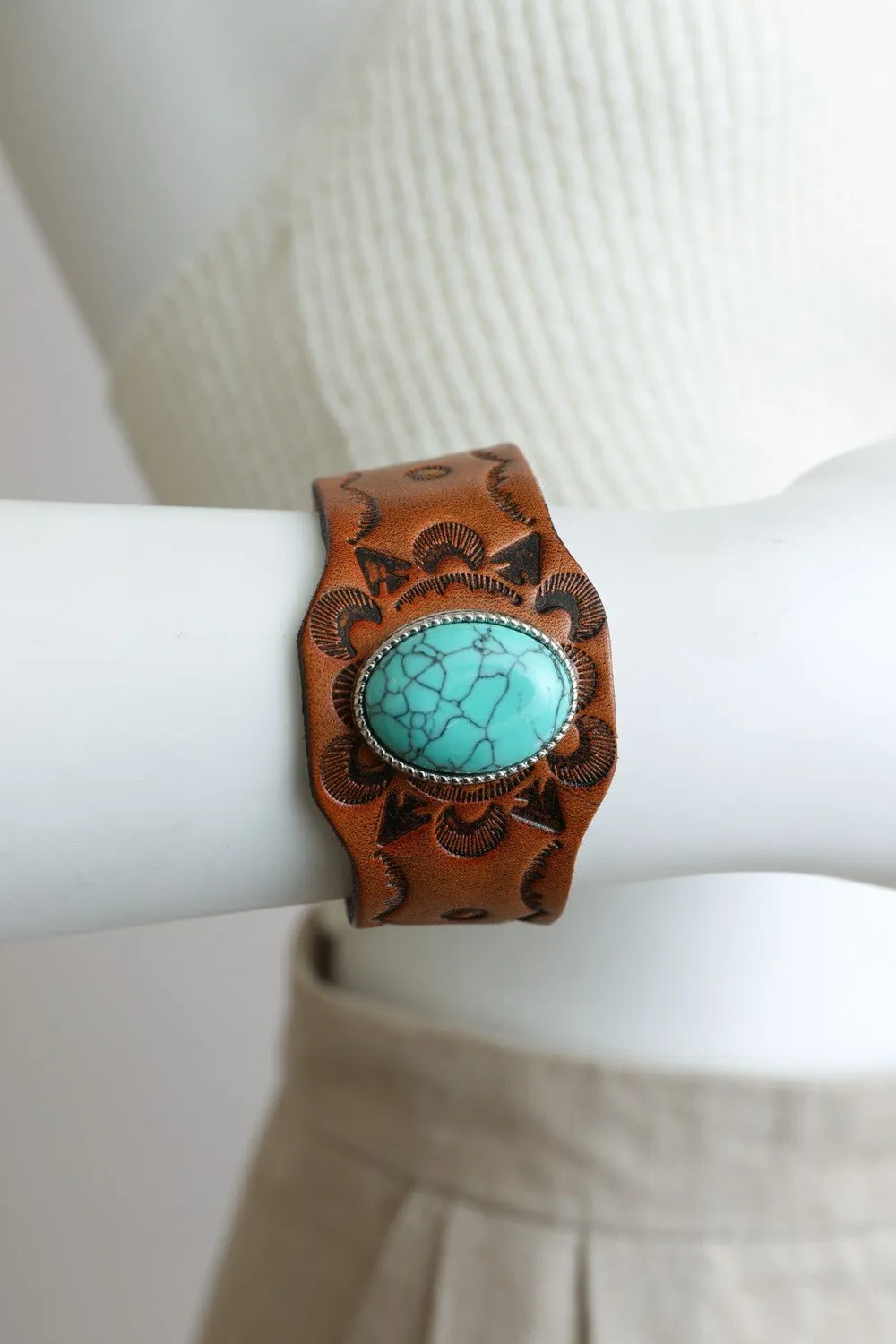 Boho Leather & Turquoise Cuff Bracelet