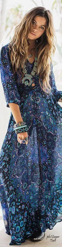 Boho Maxi Dress Navy Blue Floral "Kiss The Sky" Long Flowing Summer Gown Button Front Long Slit 3/4 Sleeves Royal Blue Turquoise Lavender Print Small Medium Large Or Extra Large