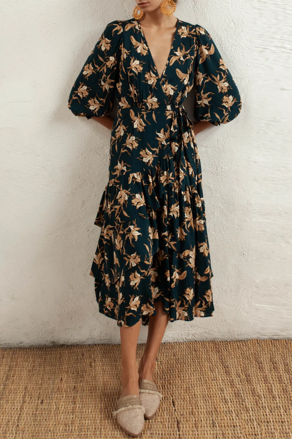 Bonita Peacock Floral LS Wrap Midi Dress